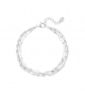 Zilverkleurige schakel armband met 3 lagen en glas kralen