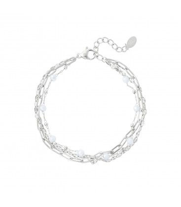 Zilverkleurige schakel armband met 3 lagen en glas kralen