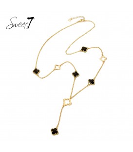 Halsketting met zwarte klavertjes en goudkleurige schakels