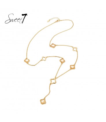 Goudkleurige lange halsketting met klaver bedels