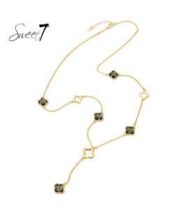 Goudkleurige lange halsketting met taupe kleurige klavers