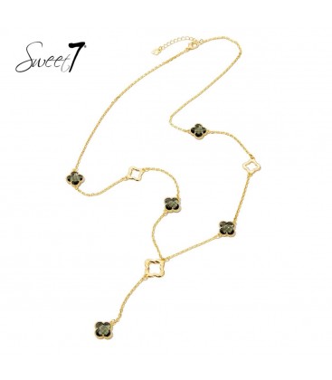 Goudkleurige lange halsketting met taupe kleurige klavers