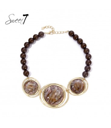 Bruine kralen halsketting met 3 elementen en goudkleurige cirkels