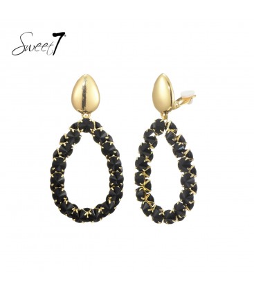 Oorclips zwart met ovale vorm en glas steenjes