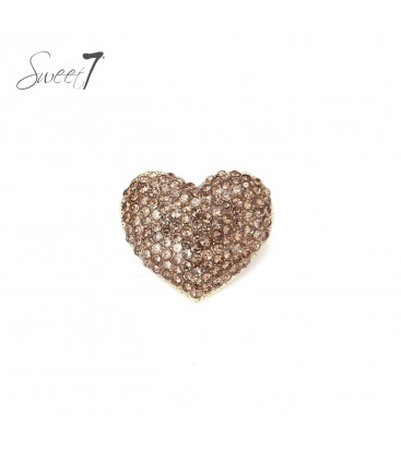 Broche hartvorm met bruine glas steentjes