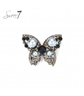 Broche vlinder met parels en zwarte kristallen
