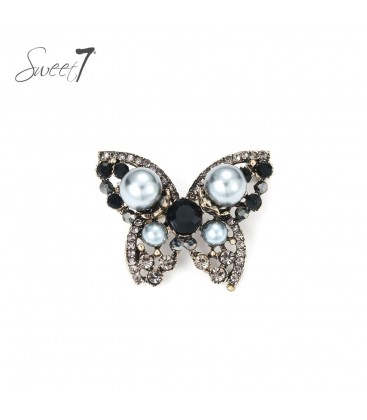 Broche vlinder met parels en zwarte kristallen