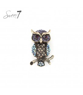 Antiek goudkleurige uil broche met gekleurde glas steentjes