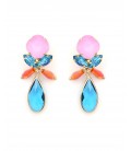 Oorclips met roze steentje en blauwe ovale hanger en kraaltjes
