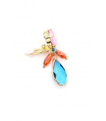 Oorclips met roze steentje en blauwe ovale hanger en kraaltjes