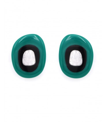 Groen met zwarte ovale oorclips met Zilverkleurige inleg