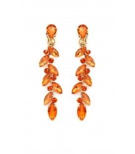 Prachtige oranje lange oorclips met glas steentjes in goudkleurige setting