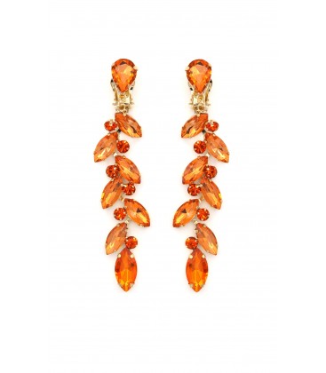 Prachtige oranje lange oorclips met glas steentjes in goudkleurige setting