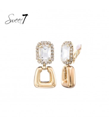 Oorclips wit met kristallen rechthoek en goudkleurige hanger