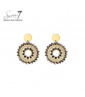 Oorbellen met ronde bruine glas kralen en goudekleurige ring