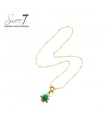 Goudkleurige halsketting met een kerstboom hanger van kralen