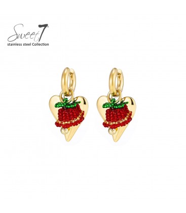 Oorbellen goudkleurig met een rood kerstklokje en hartdetails