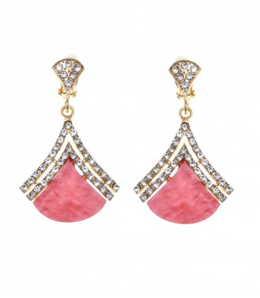 Goudkleurige oorclips met een roze vlak en een dubbele stras rand