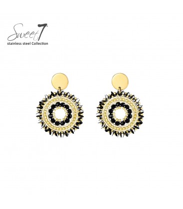 Oorbellen met ronde zwart, goudkleurige kralencombinatie