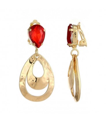 Helder rode oorclips met goudkleurige hanger