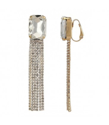 Oorclips goudkleurig met lange heldere strass kettingen