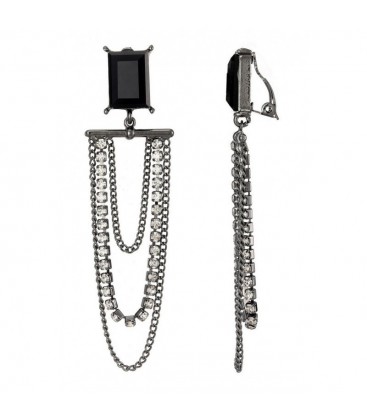 Oorclips zwart met donkere metalen schakels en heldere glas steentjes