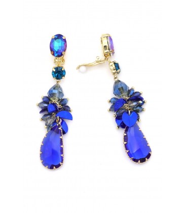 Oorclips in koningsblauw met goudkleurige omlijsting en glas kralen