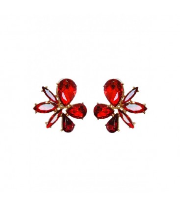 Oorclips in bloemvorm met vuurrode stenen