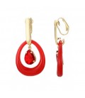 Oorclips met rode hanger en een glas steen met een goudkleurig detail