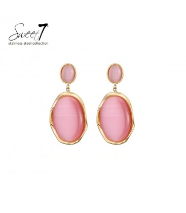 Oorbellen met roze cat eye steen en goudkleurige rand