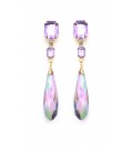 Oorclips met lila kristallen en lange regenboog druppelvormige hanger.