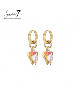 Oorbellen goudkleurig met hart bedel parel en kleurrijke kralen