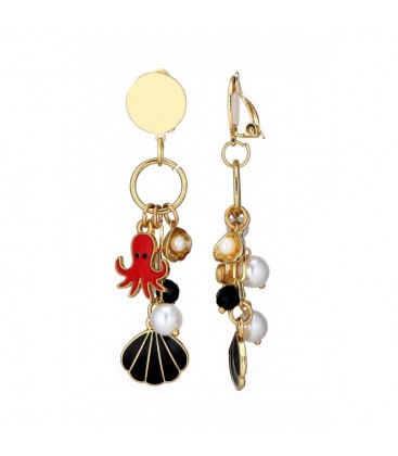 Oorclips goudkleurig met octopus bedel en parel details