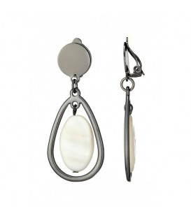 Oorclips antraciet met ivoorkleurige ovale hanger in open druppelvorm