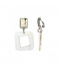 Oorclips met open witte vierkante hanger en zilverkleurig oor stukje
