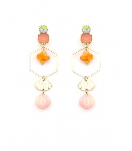 Oorclips oranje, roze en krisstallen en goudkleurige zeshoek