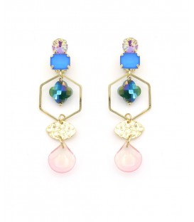 Oorclips met blauwe steen, roze hanger en goudkleurige zeshoek