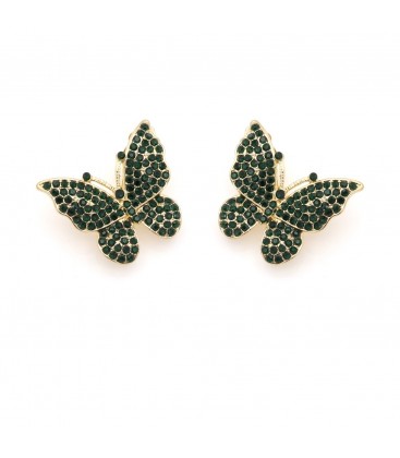 Oorclips in vorm van een vlinder bezet met groene strass steentjes