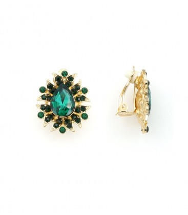 Oorclips met groene druppelsteen en strass steentjes rondom