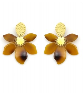 Oorclips met bruine bloem bladeren en goudkleurige details