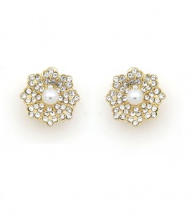 Oorclips goudkleurig met acryl parel en fonkelende strass steentjes